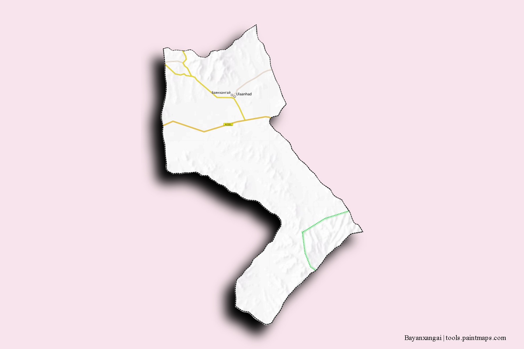 Mapa de barrios y pueblos de Bayanxangai con efecto de sombra 3D