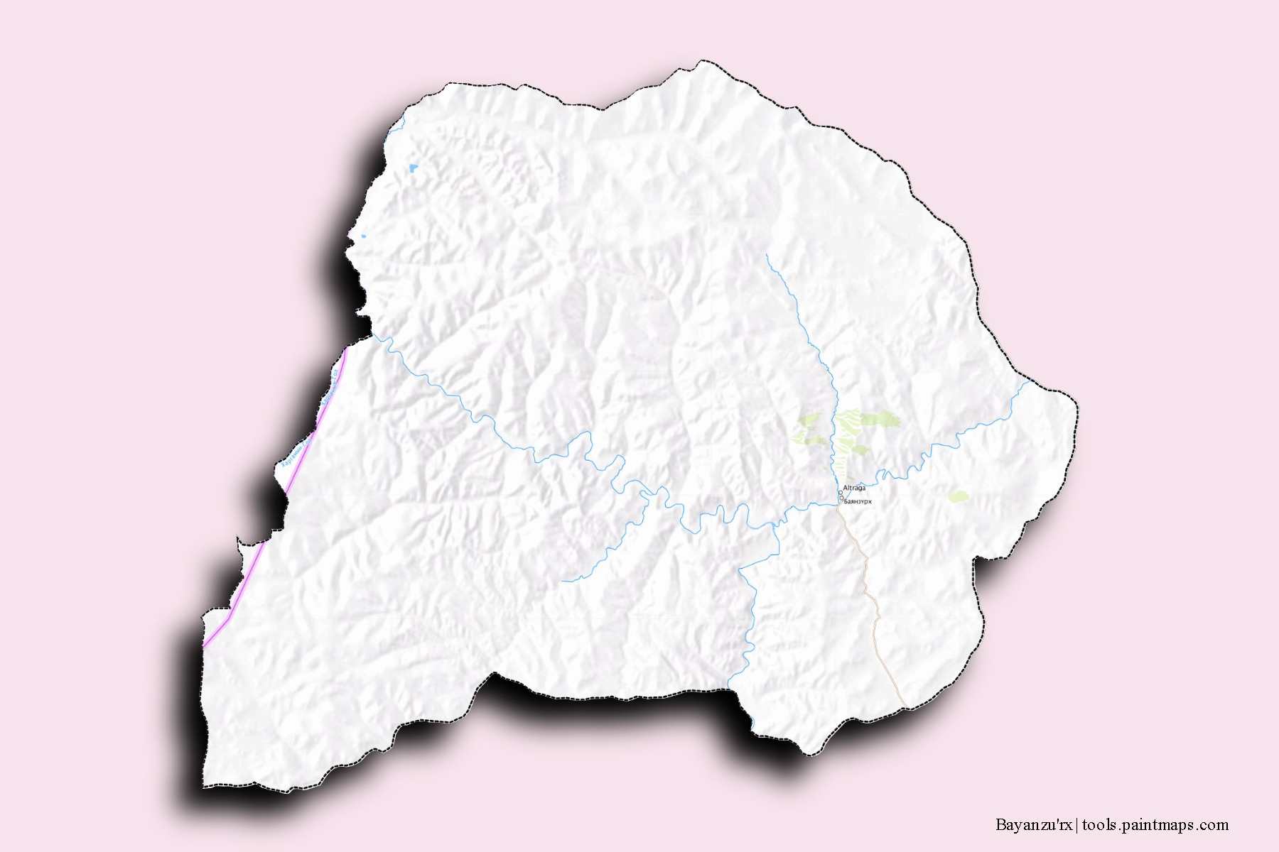 Mapa de barrios y pueblos de Bayanzu'rx con efecto de sombra 3D