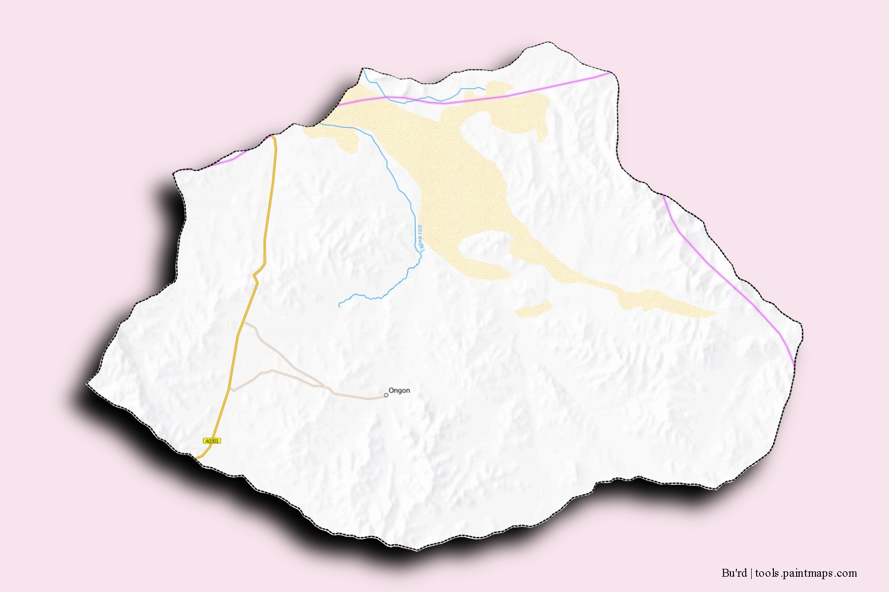 Mapa de barrios y pueblos de Bu'rd con efecto de sombra 3D