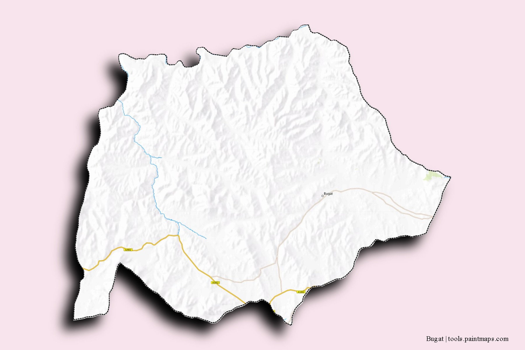 Mapa de barrios y pueblos de Bugat con efecto de sombra 3D