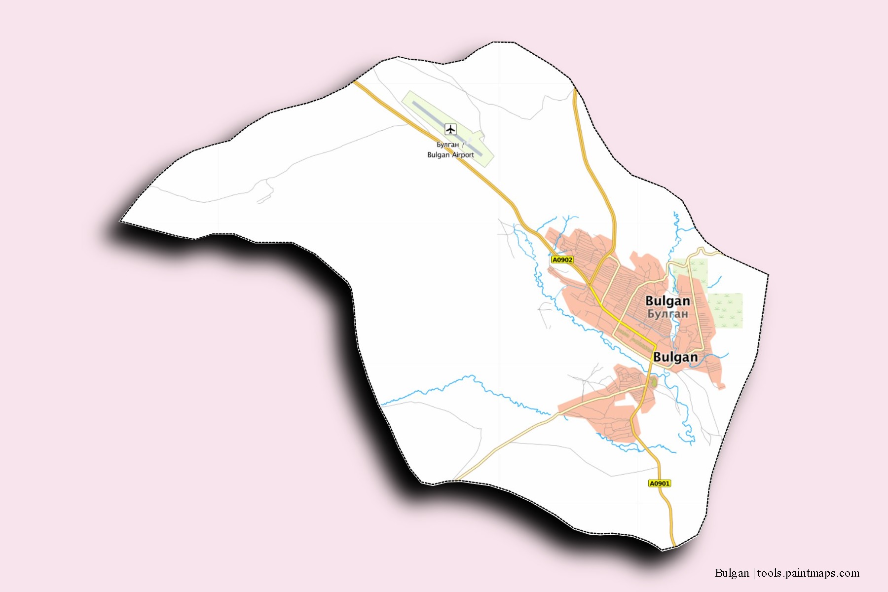 Mapa de barrios y pueblos de Bulgan con efecto de sombra 3D