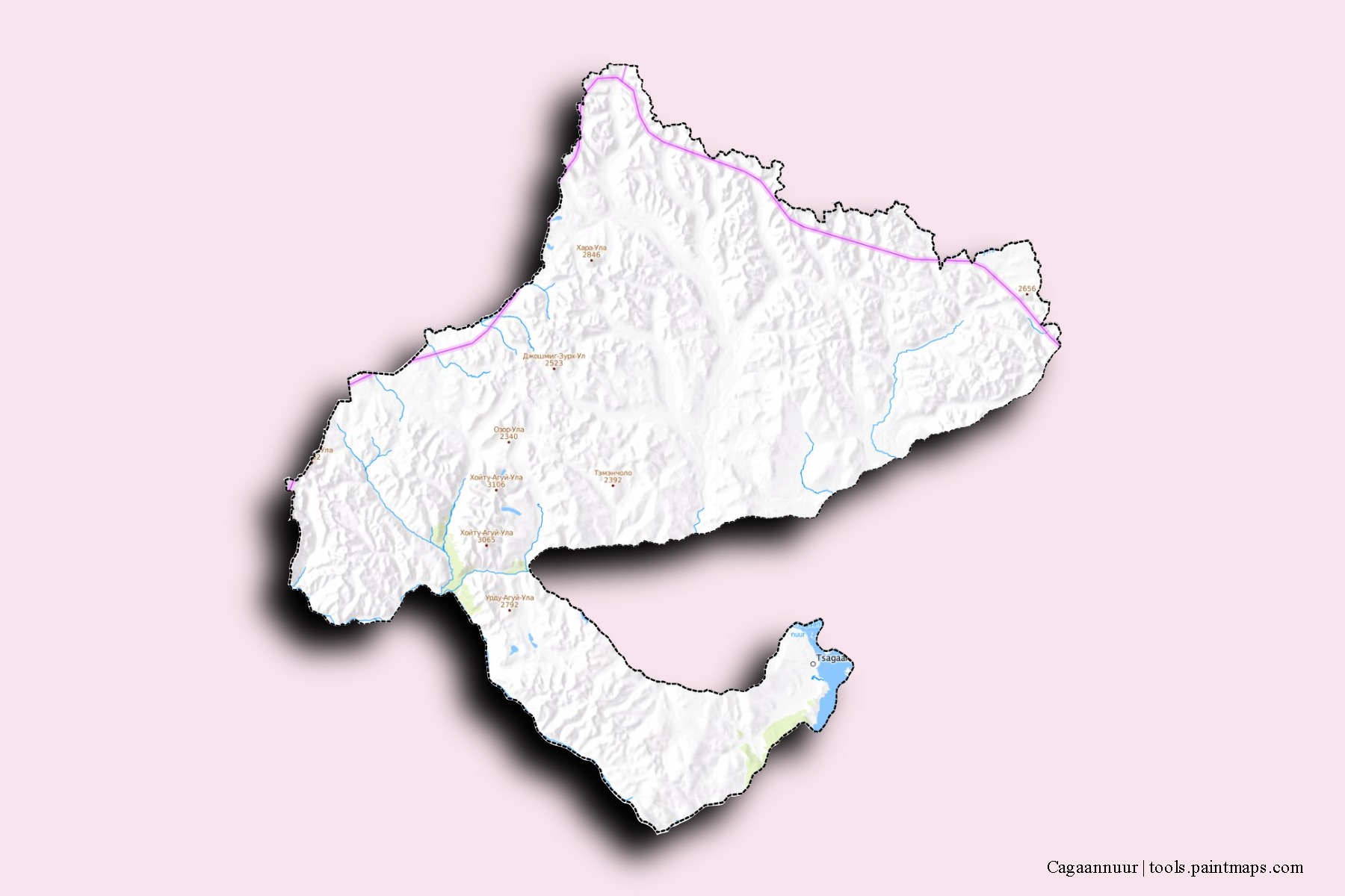 Mapa de barrios y pueblos de Cagaannuur con efecto de sombra 3D