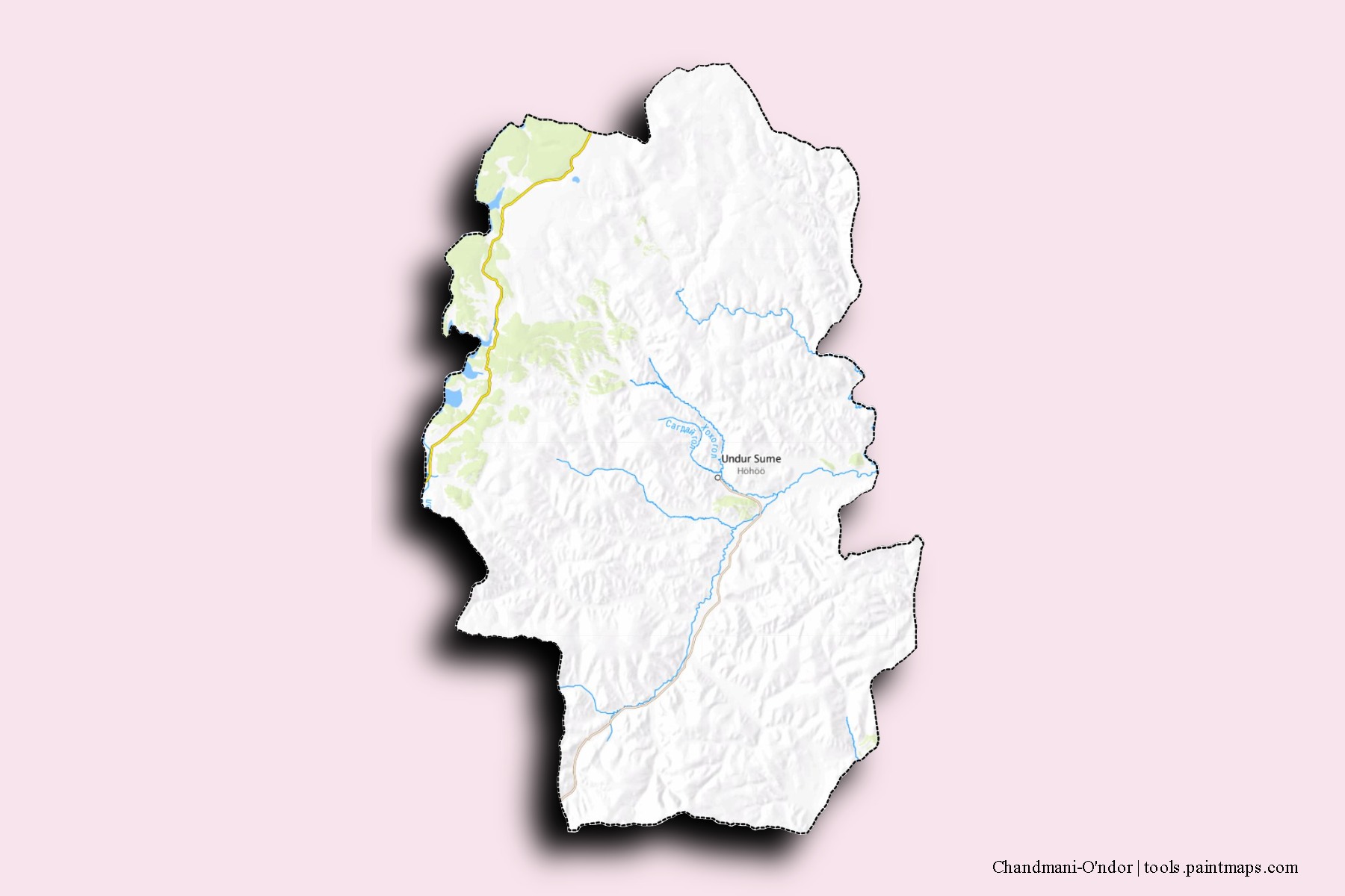 Mapa de barrios y pueblos de Chandmani-O'ndor con efecto de sombra 3D