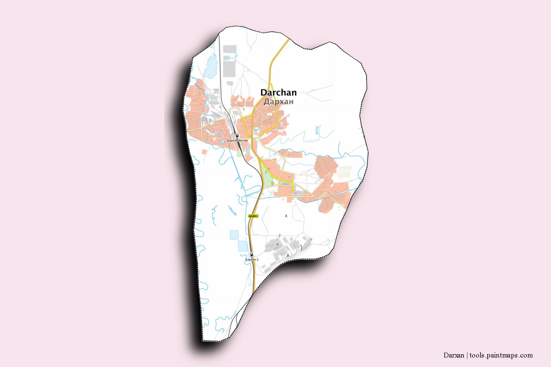 Mapa de barrios y pueblos de Darxan con efecto de sombra 3D