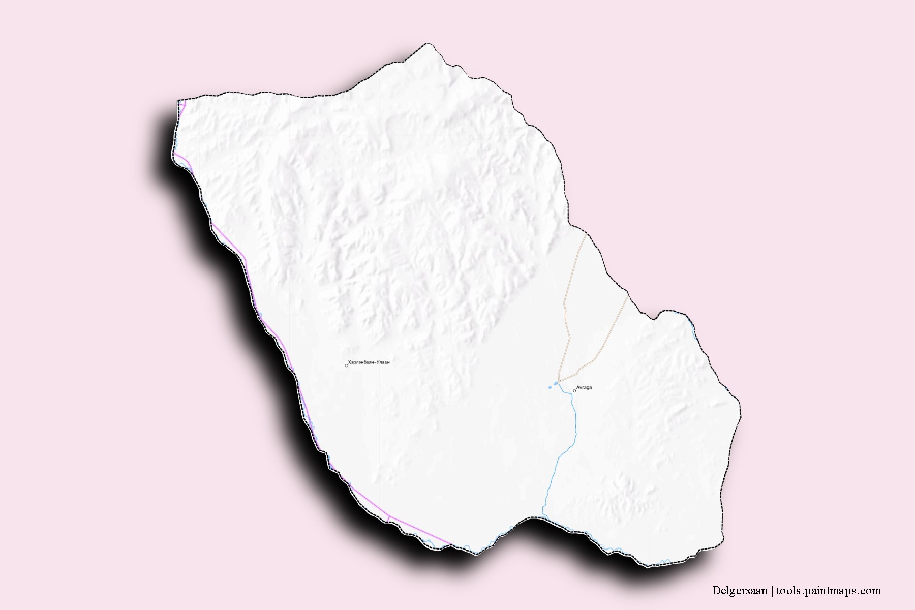 Mapa de barrios y pueblos de Delgerxaan con efecto de sombra 3D