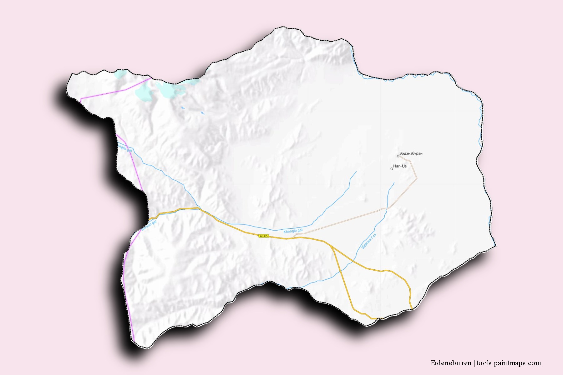 Mapa de barrios y pueblos de Erdenebu'ren con efecto de sombra 3D