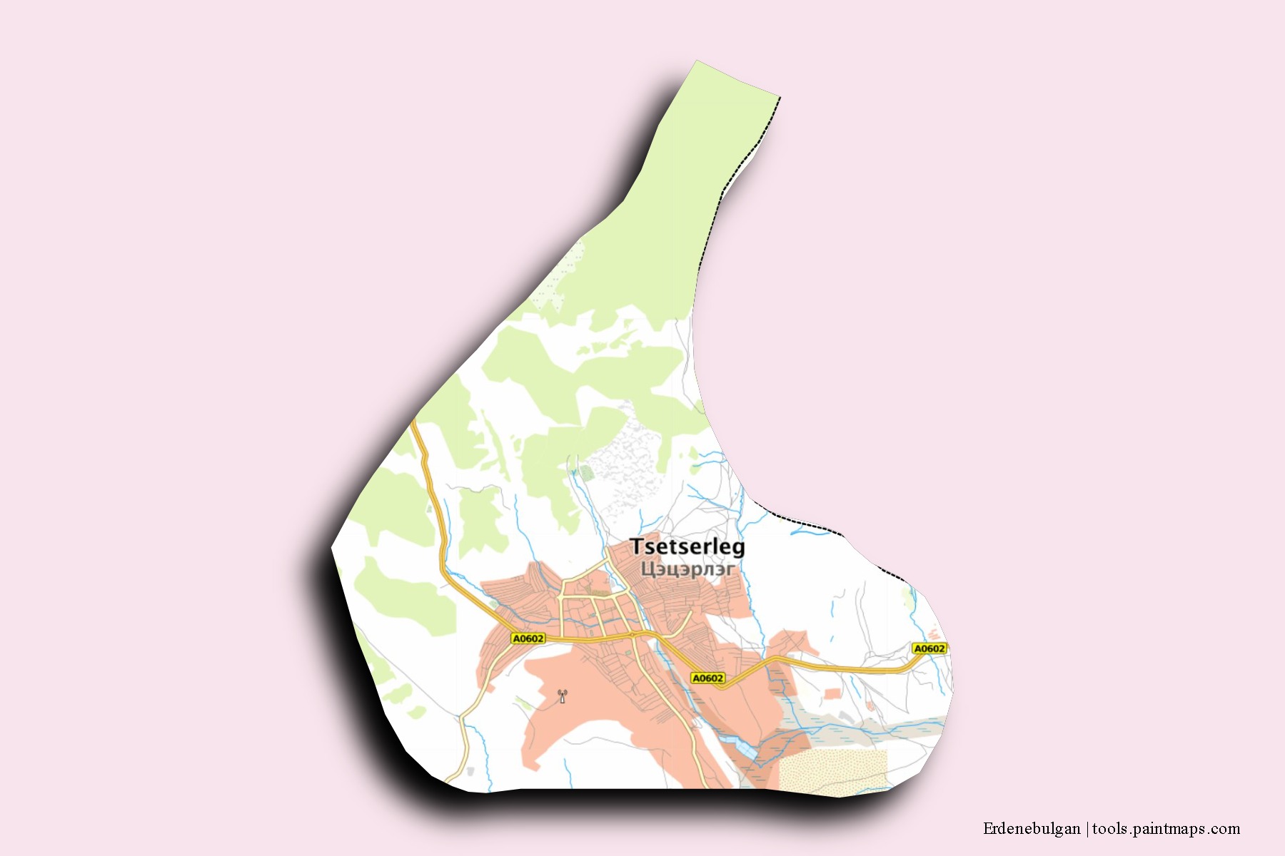 Mapa de barrios y pueblos de Erdenebulgan con efecto de sombra 3D