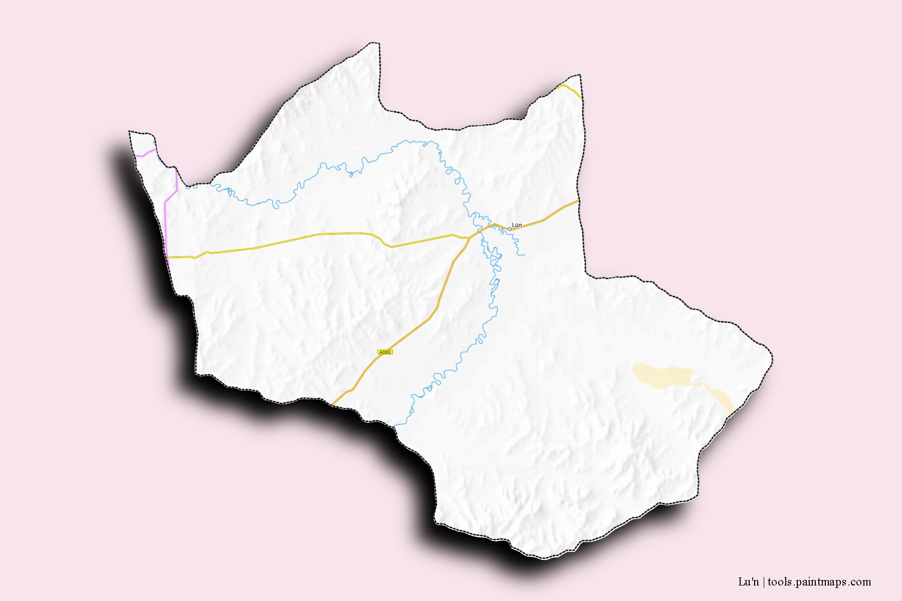 Mapa de barrios y pueblos de Lu'n con efecto de sombra 3D