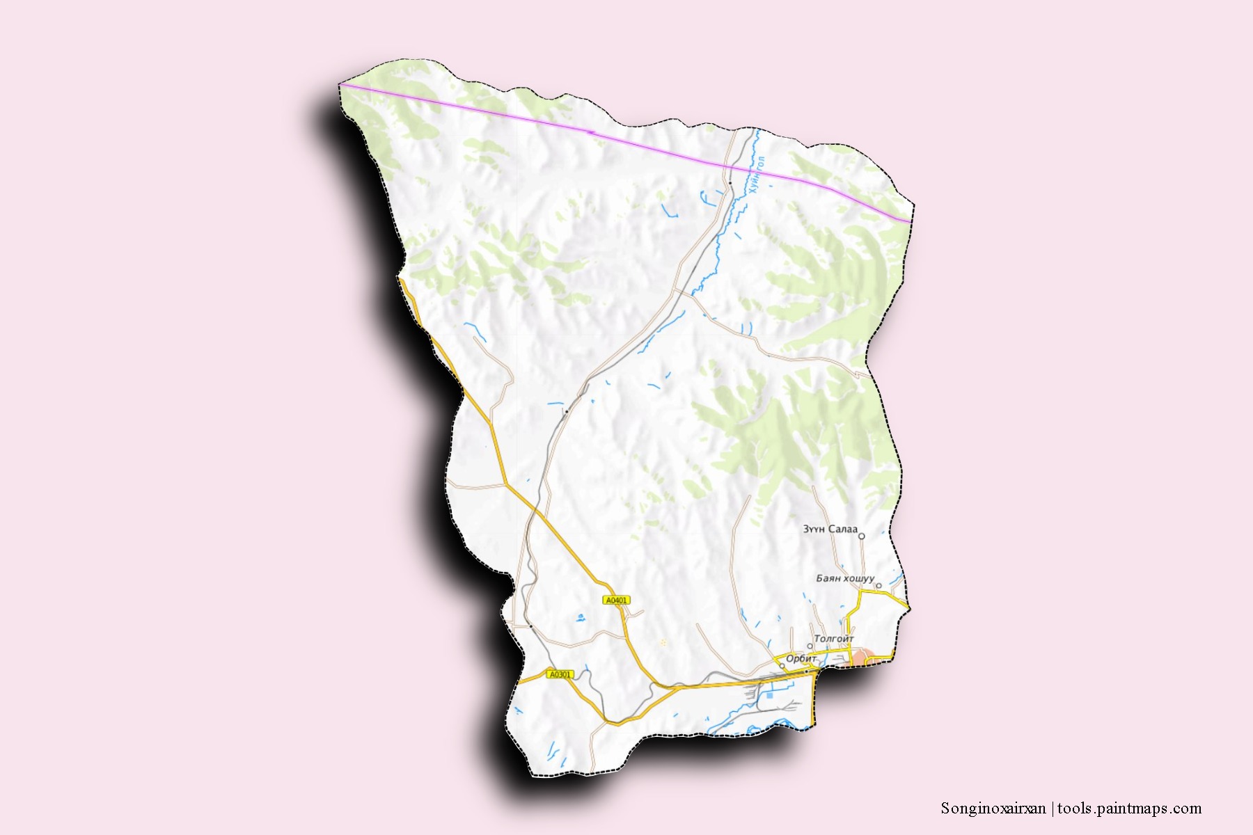 Mapa de barrios y pueblos de Songinoxairxan con efecto de sombra 3D