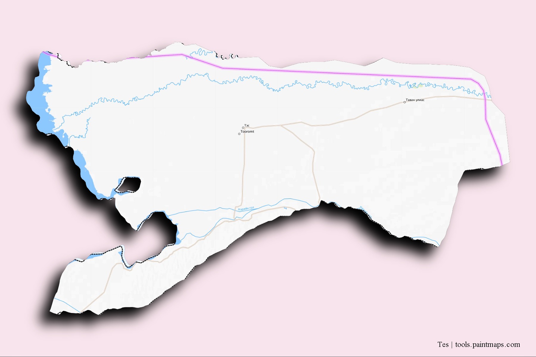 Mapa de barrios y pueblos de Tes con efecto de sombra 3D