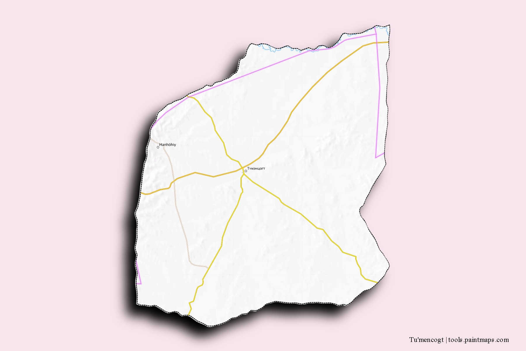 Mapa de barrios y pueblos de Tu'mencogt con efecto de sombra 3D