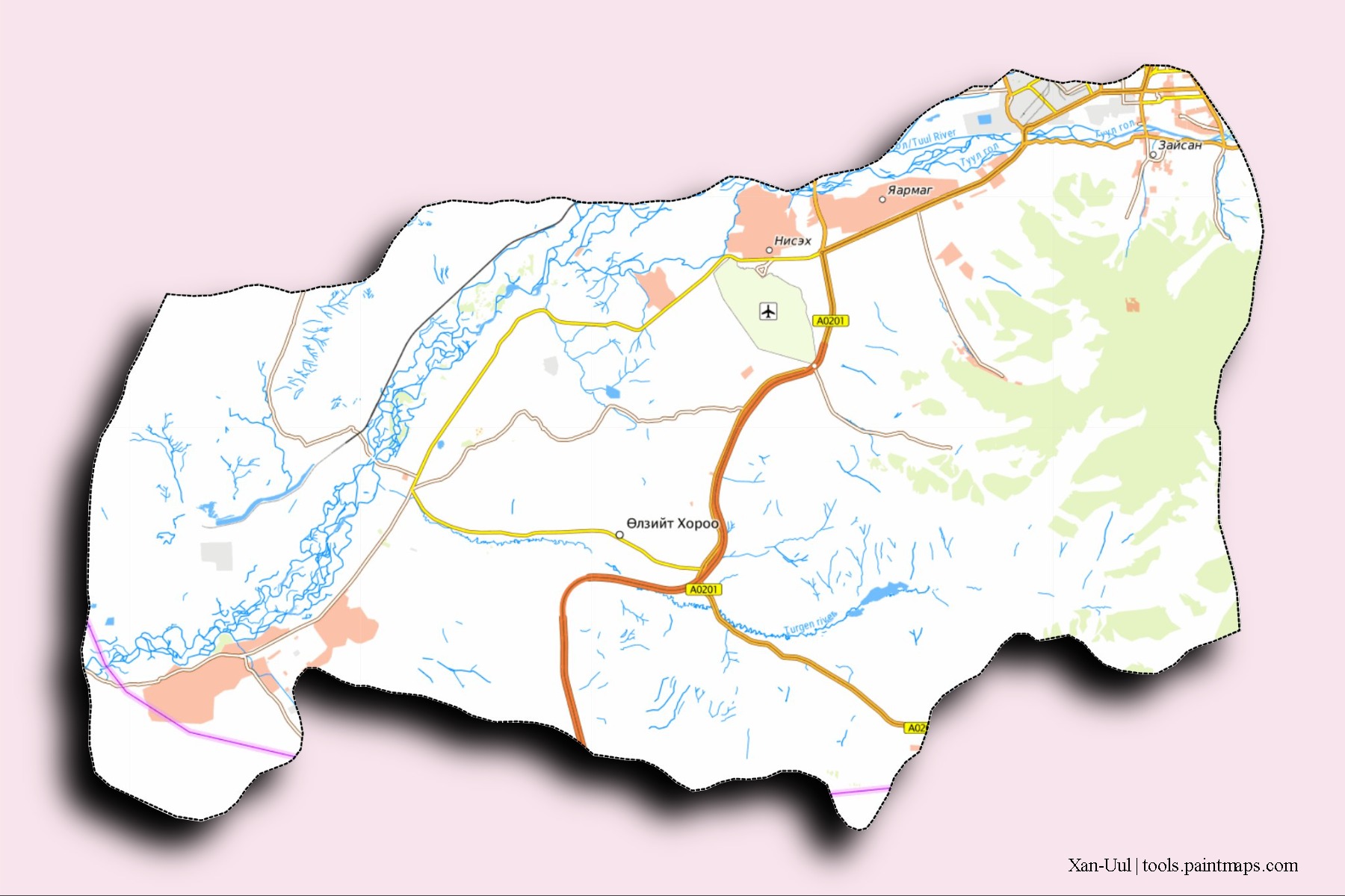 3D gölge efektli Xan-Uul mahalleleri ve köyleri haritası