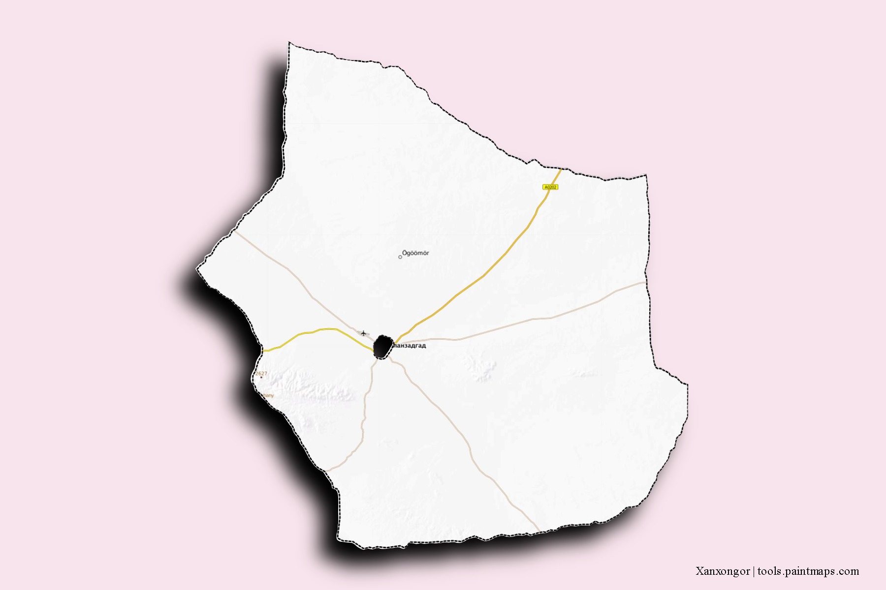 Mapa de barrios y pueblos de Xanxongor con efecto de sombra 3D