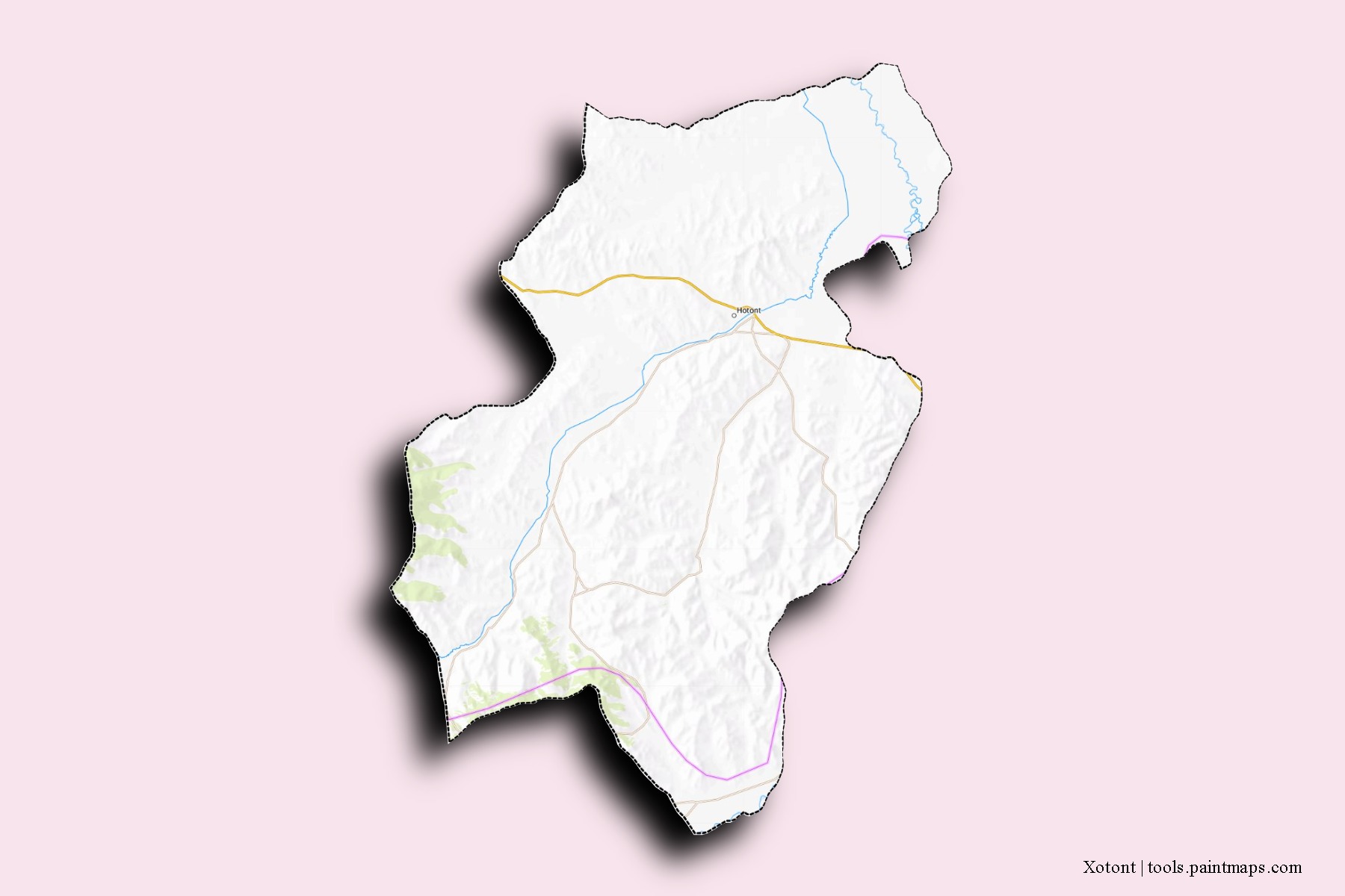 Mapa de barrios y pueblos de Xotont con efecto de sombra 3D