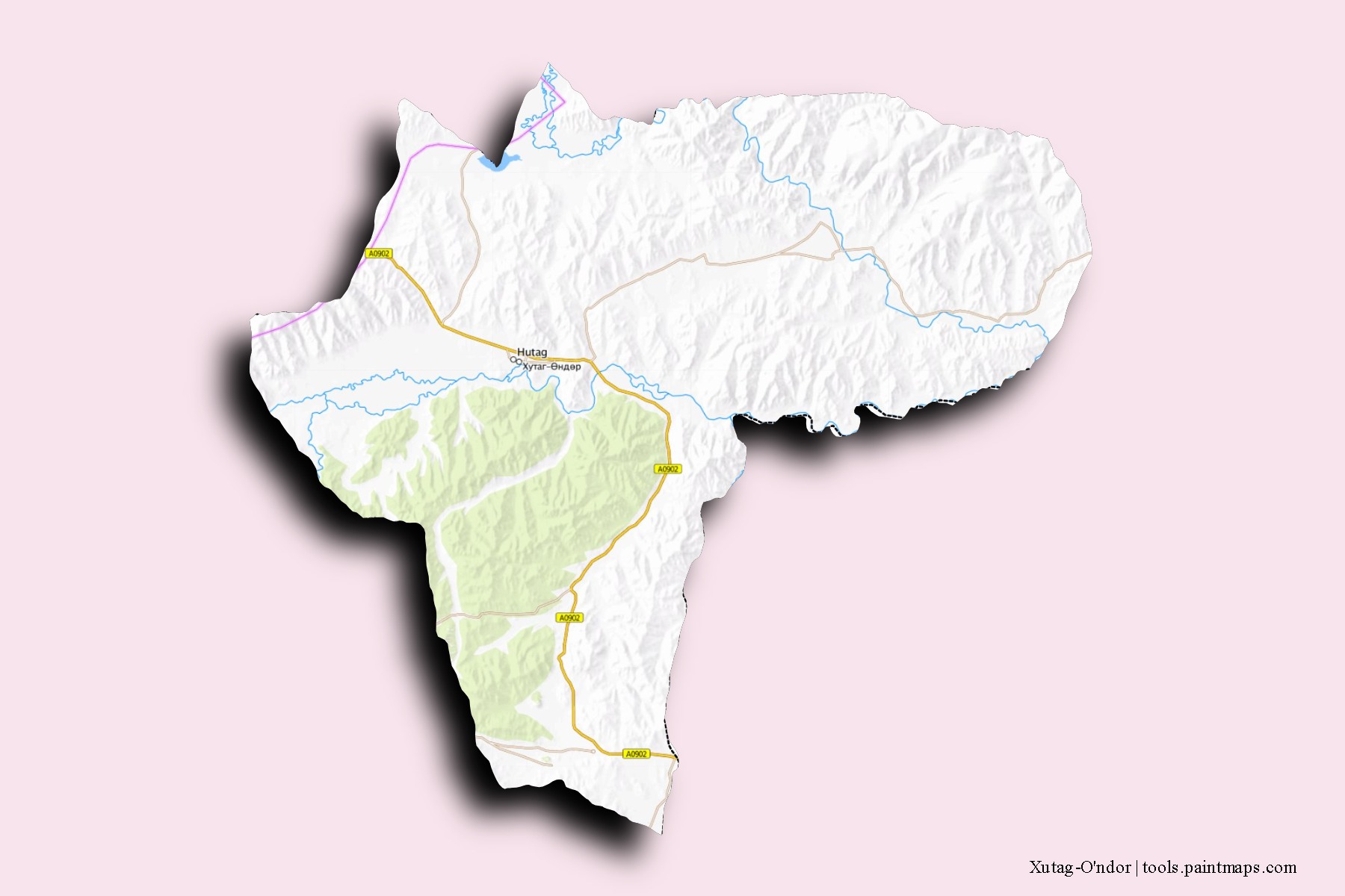 Mapa de barrios y pueblos de Xutag-O'ndor con efecto de sombra 3D