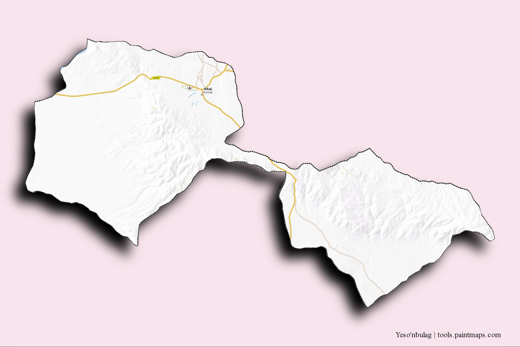 Mapa de barrios y pueblos de Yeso'nbulag con efecto de sombra 3D