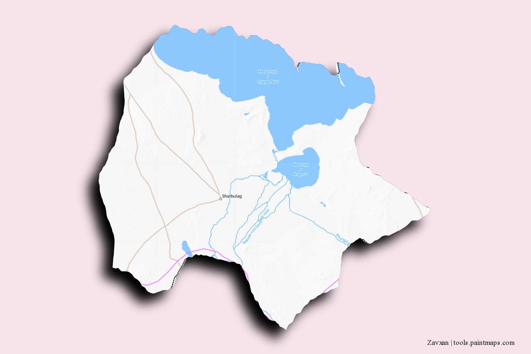 Mapa de barrios y pueblos de Zavxan con efecto de sombra 3D