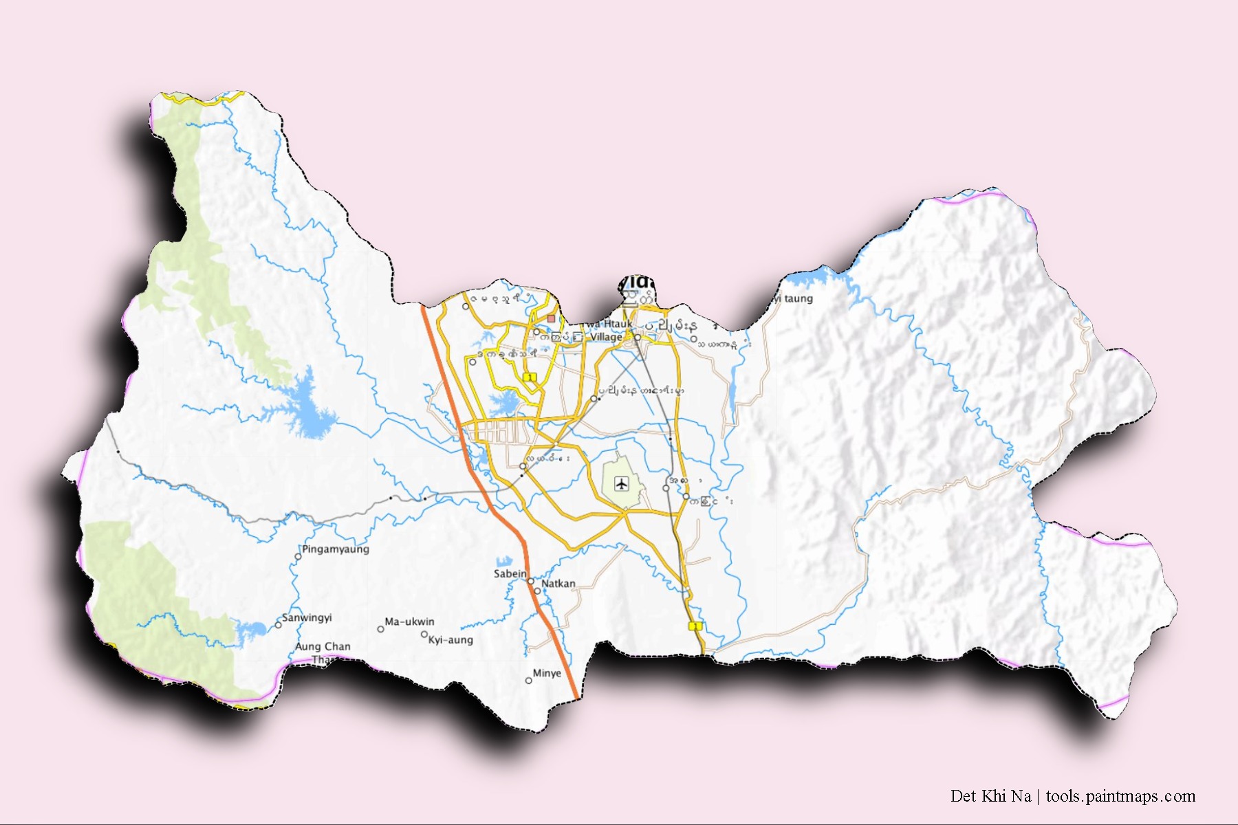 3D gölge efektli Det Khi Na mahalleleri ve köyleri haritası