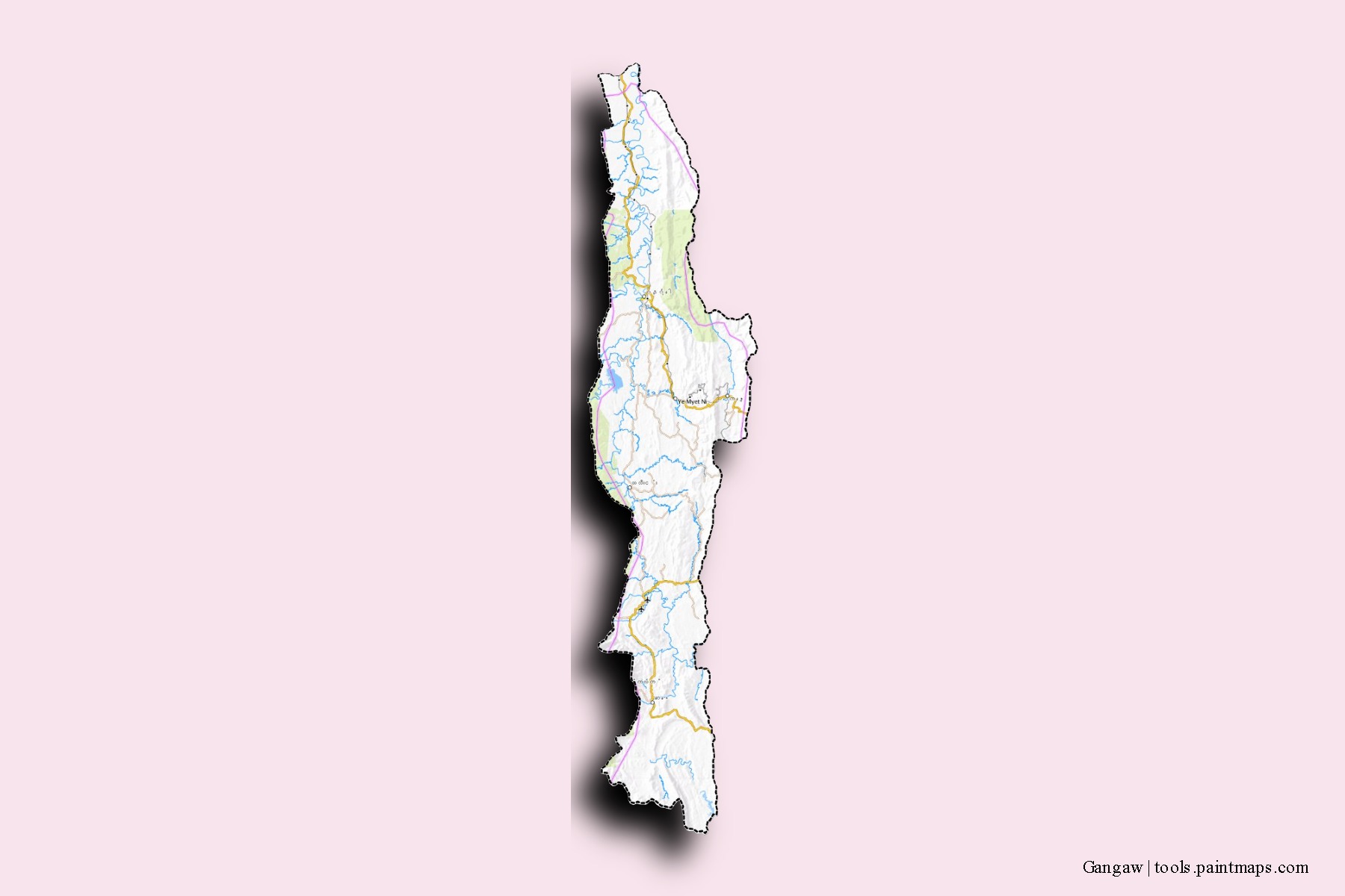 Mapa de barrios y pueblos de Gangaw con efecto de sombra 3D