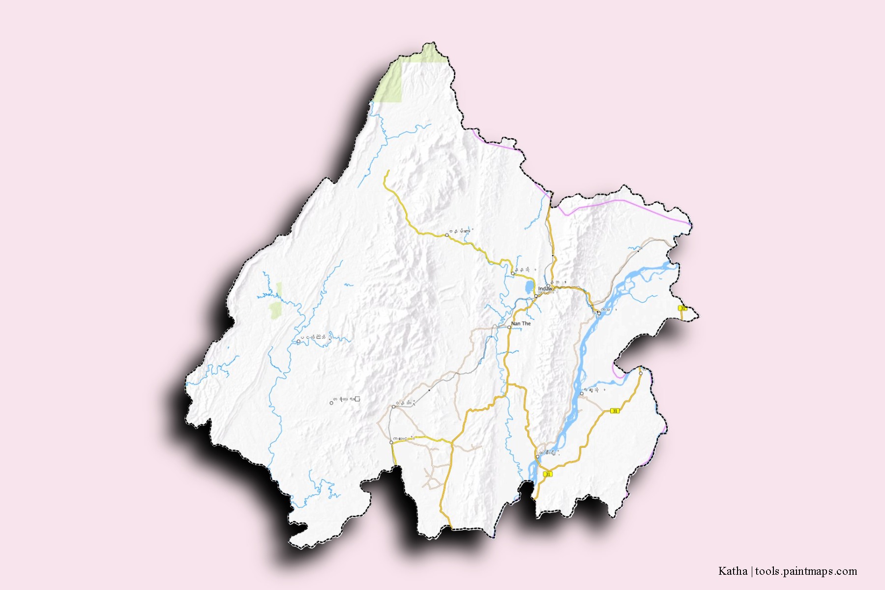 Mapa de barrios y pueblos de Katha con efecto de sombra 3D