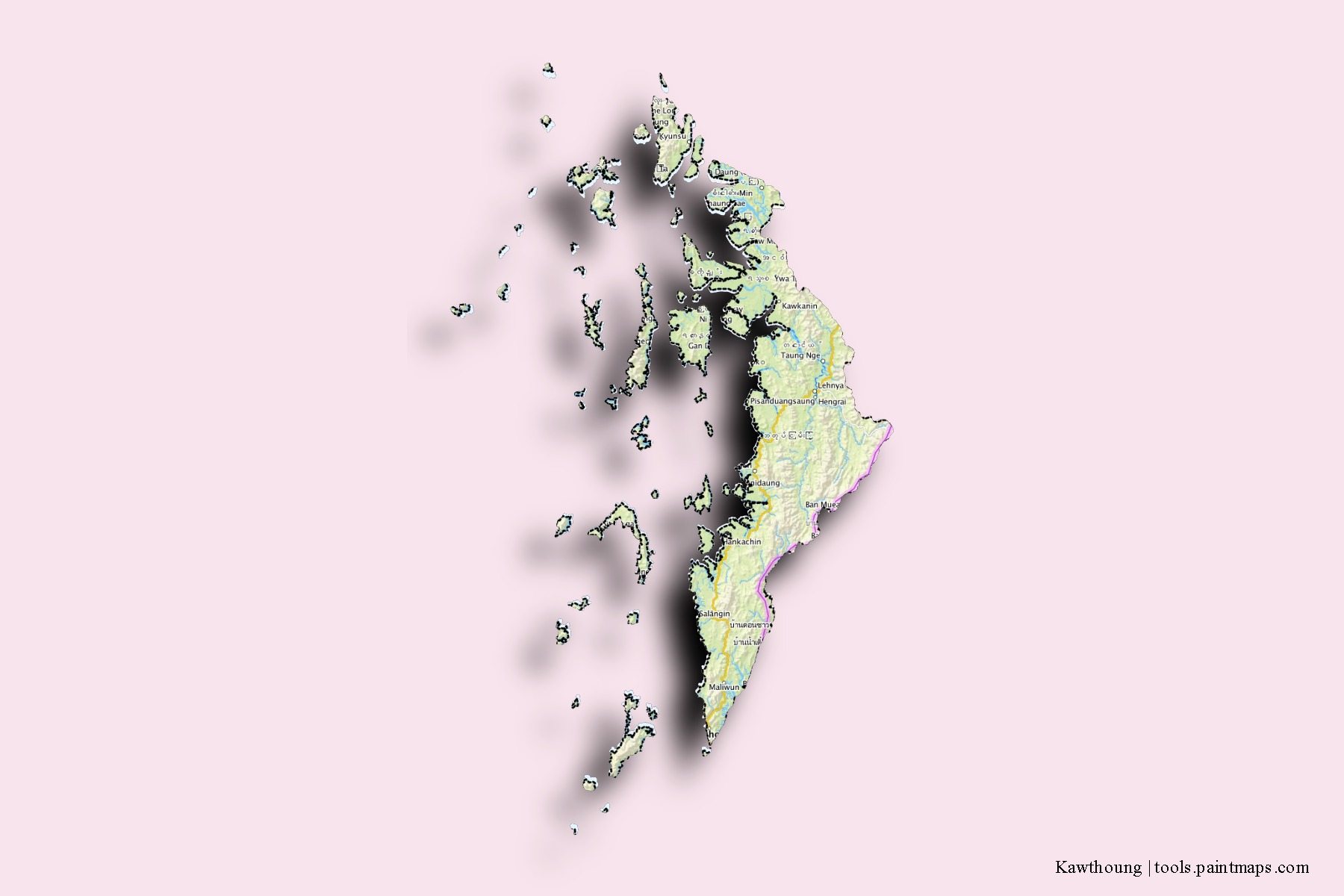 3D gölge efektli Kawthoung mahalleleri ve köyleri haritası