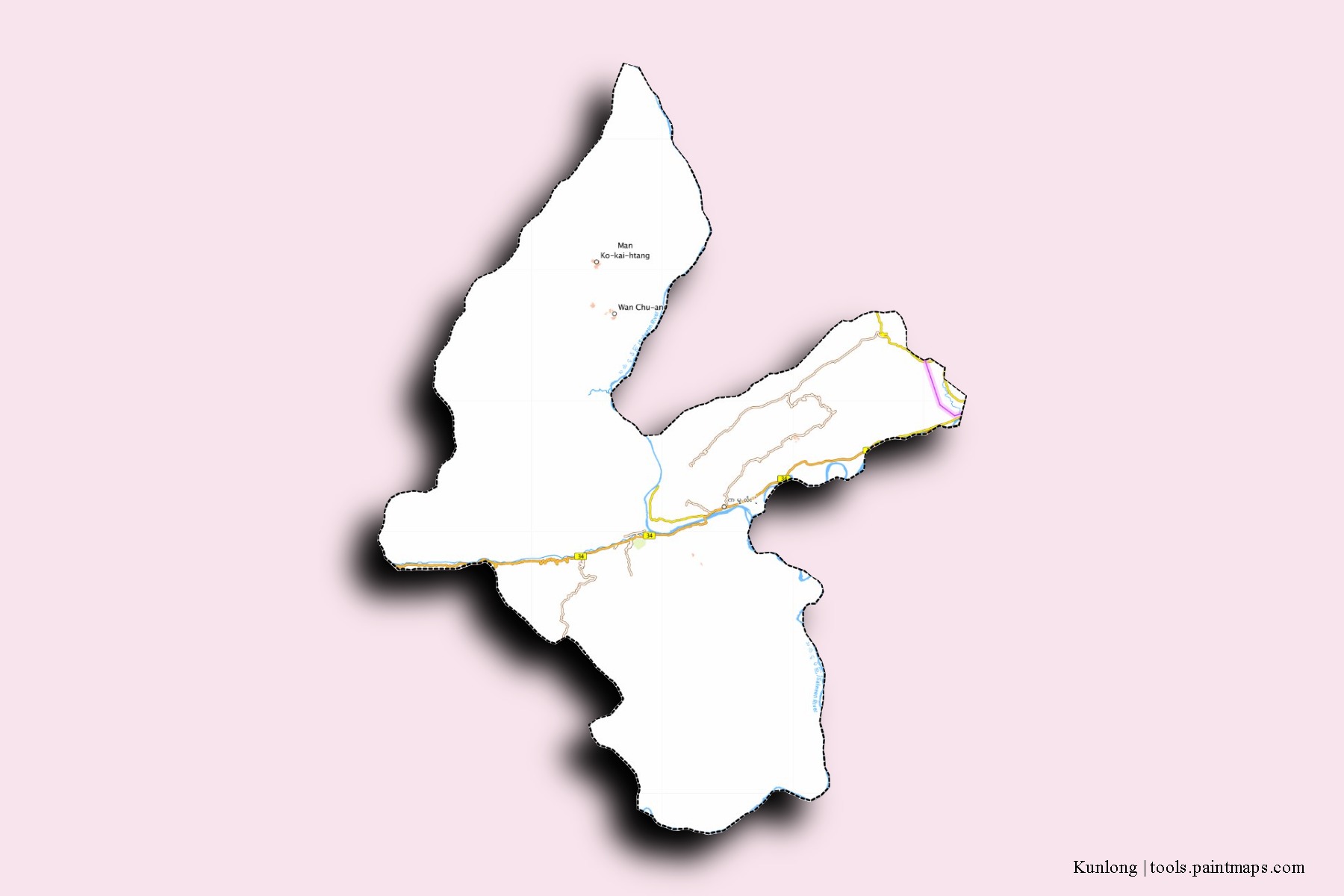 Mapa de barrios y pueblos de Kunlong con efecto de sombra 3D