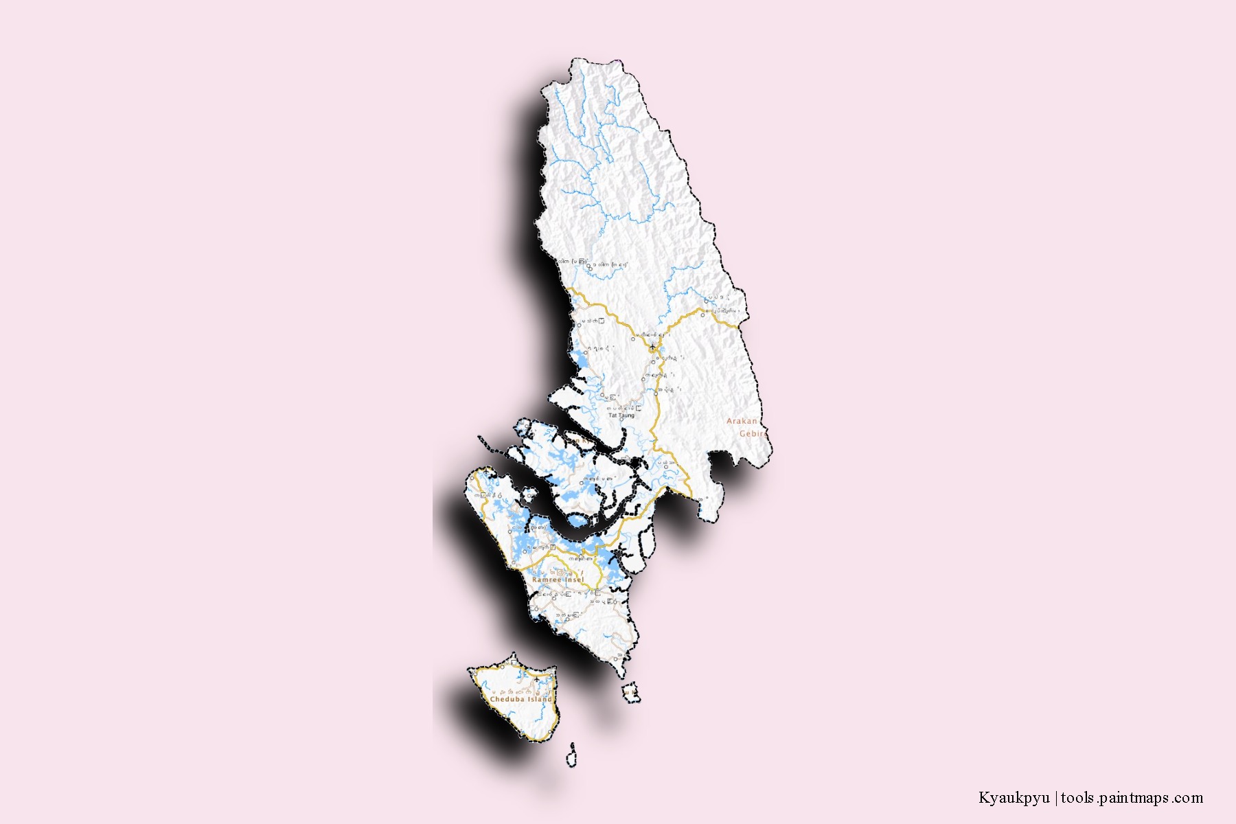 Mapa de barrios y pueblos de Kyaukpyu con efecto de sombra 3D