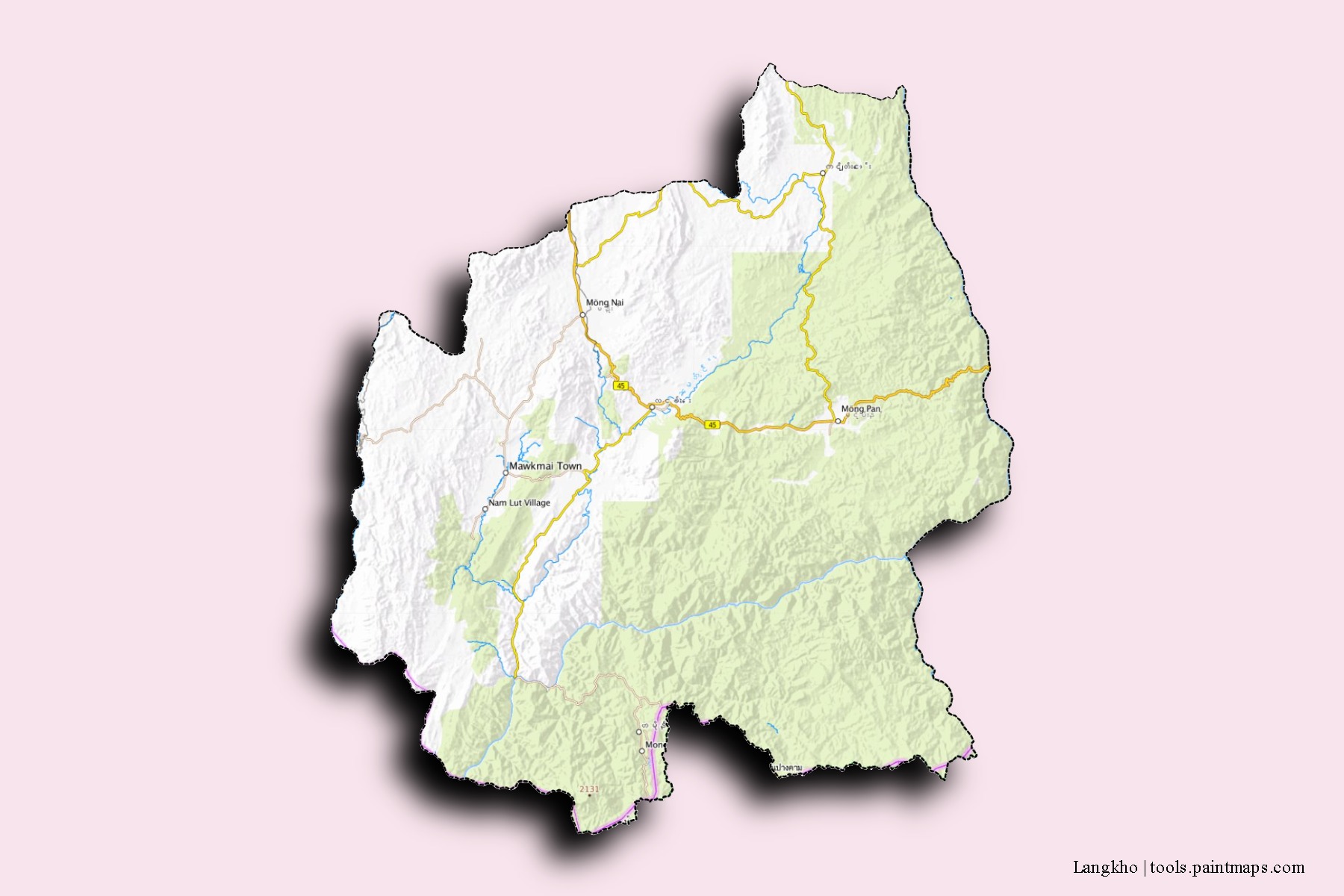 Mapa de barrios y pueblos de Langkho con efecto de sombra 3D