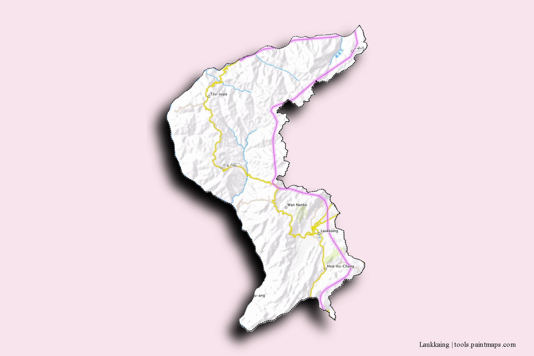 Mapa de barrios y pueblos de Laukkaing con efecto de sombra 3D