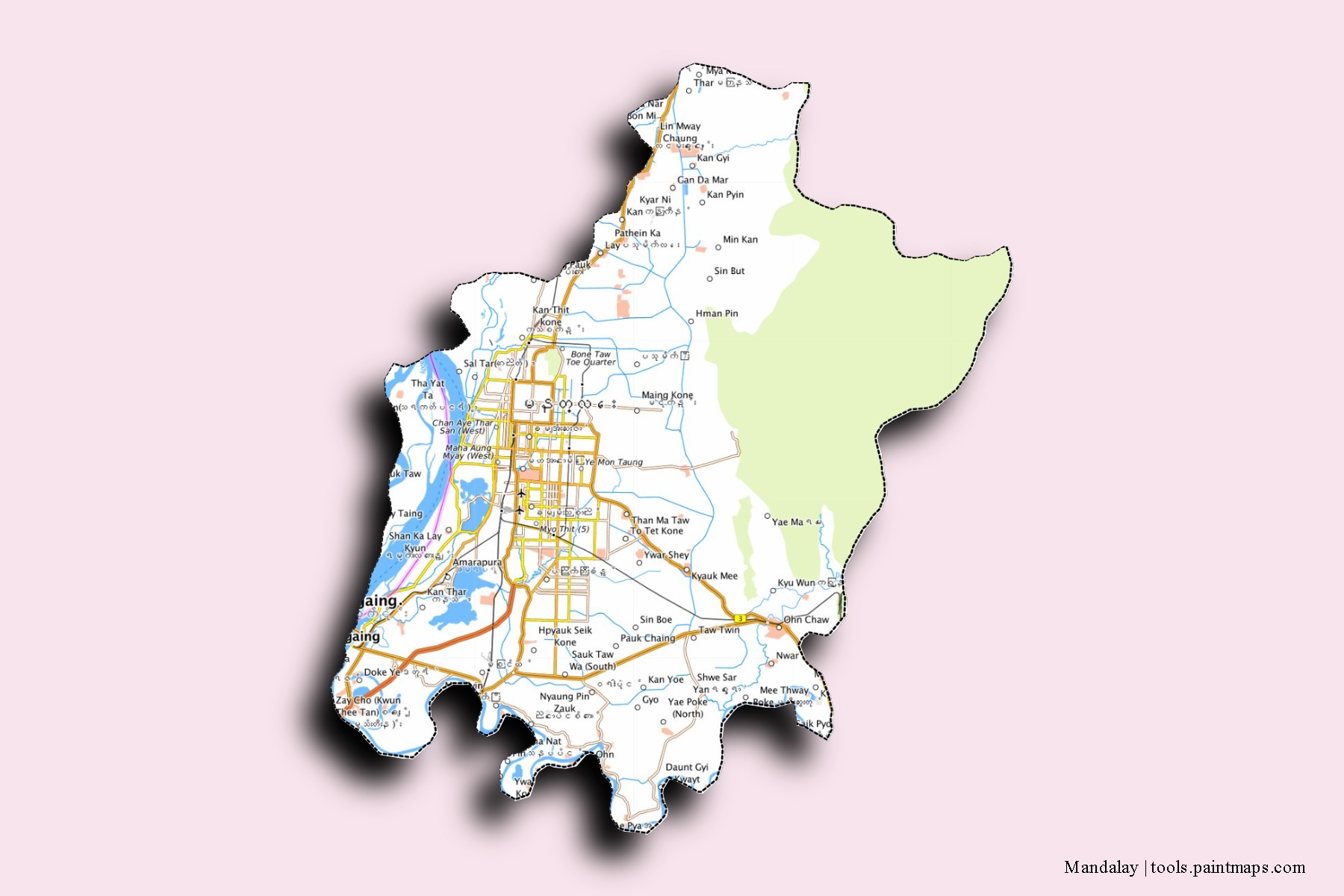3D gölge efektli Mandalay mahalleleri ve köyleri haritası