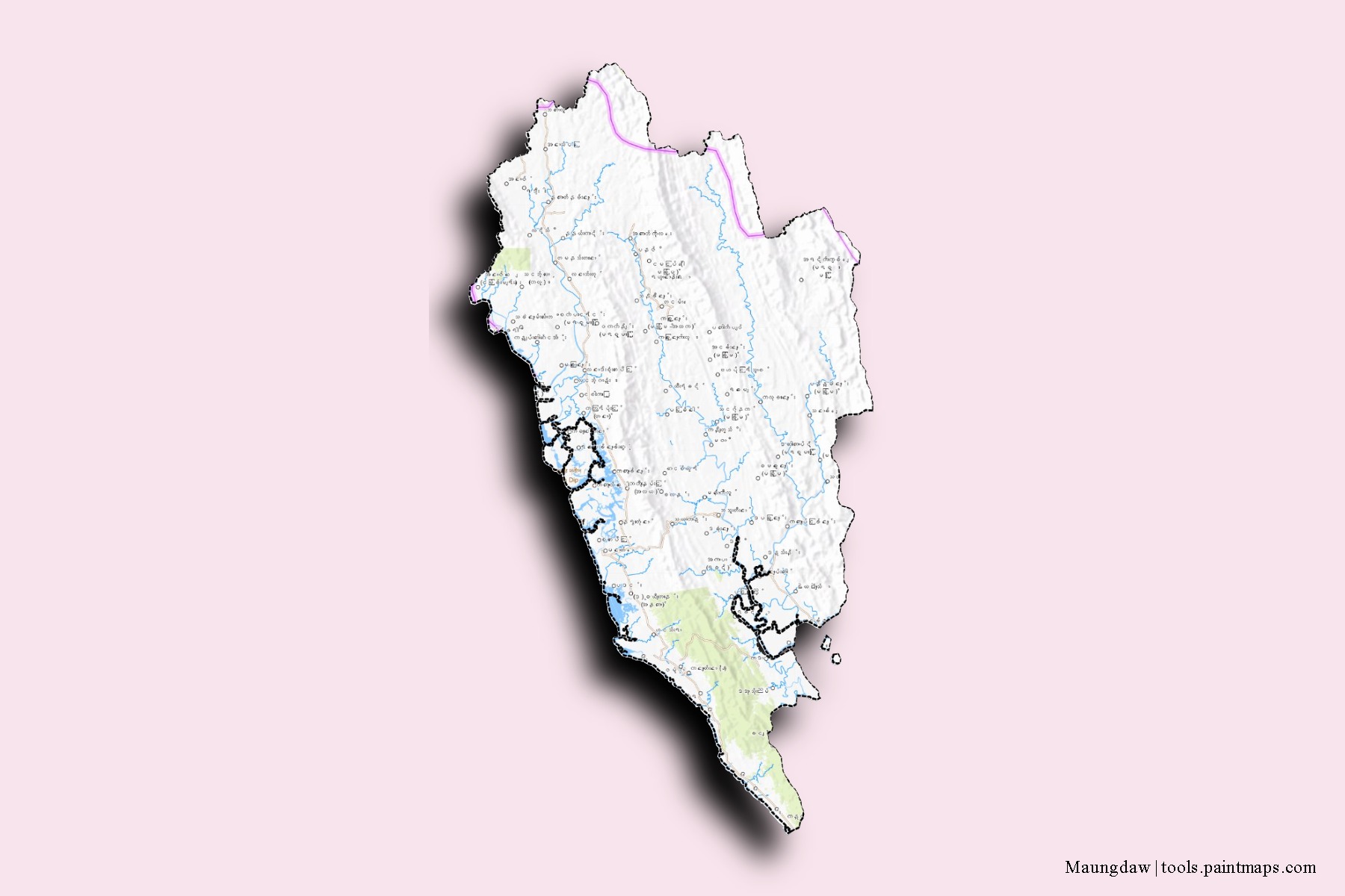 3D gölge efektli Maungdaw mahalleleri ve köyleri haritası