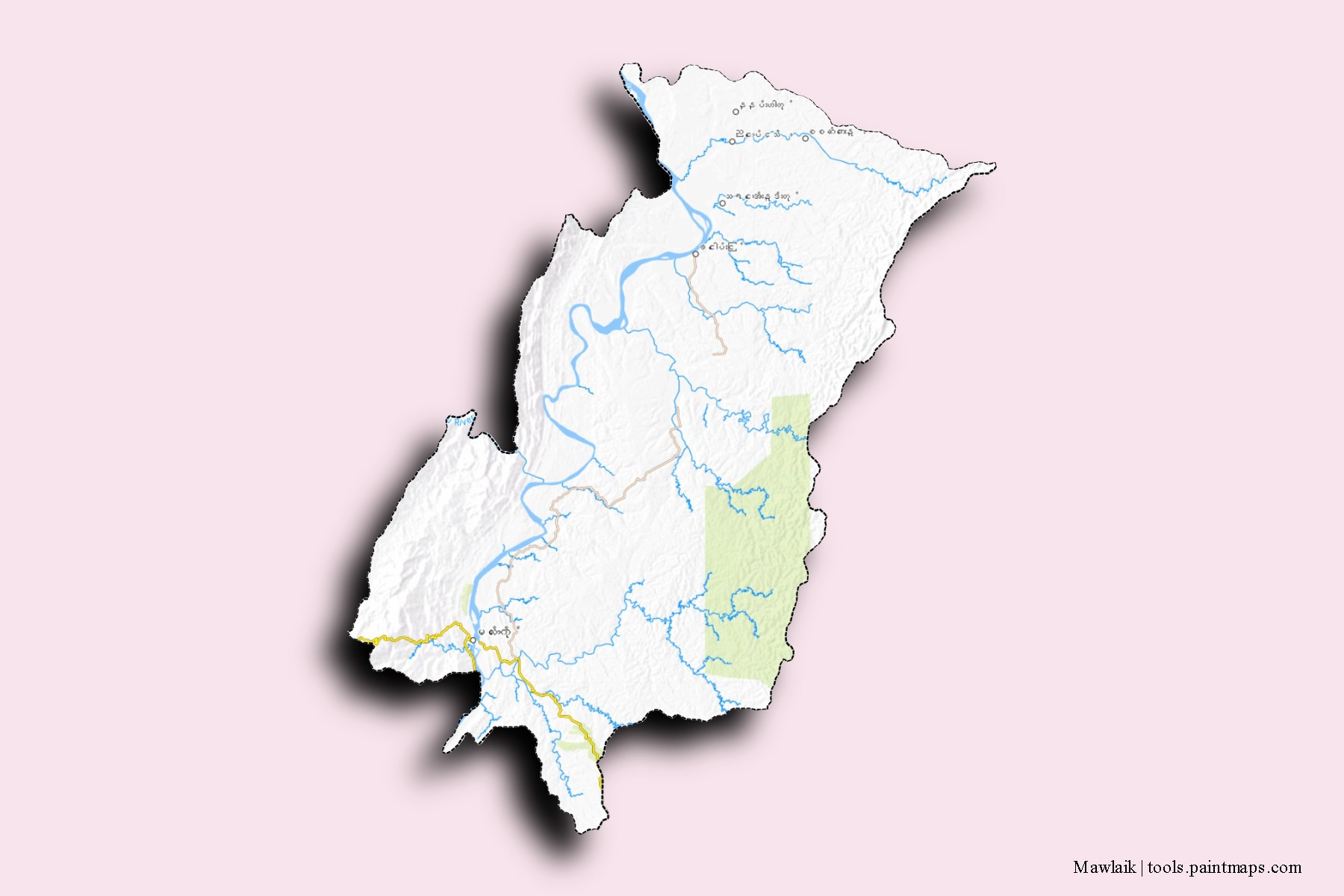 Mapa de barrios y pueblos de Mawlaik con efecto de sombra 3D