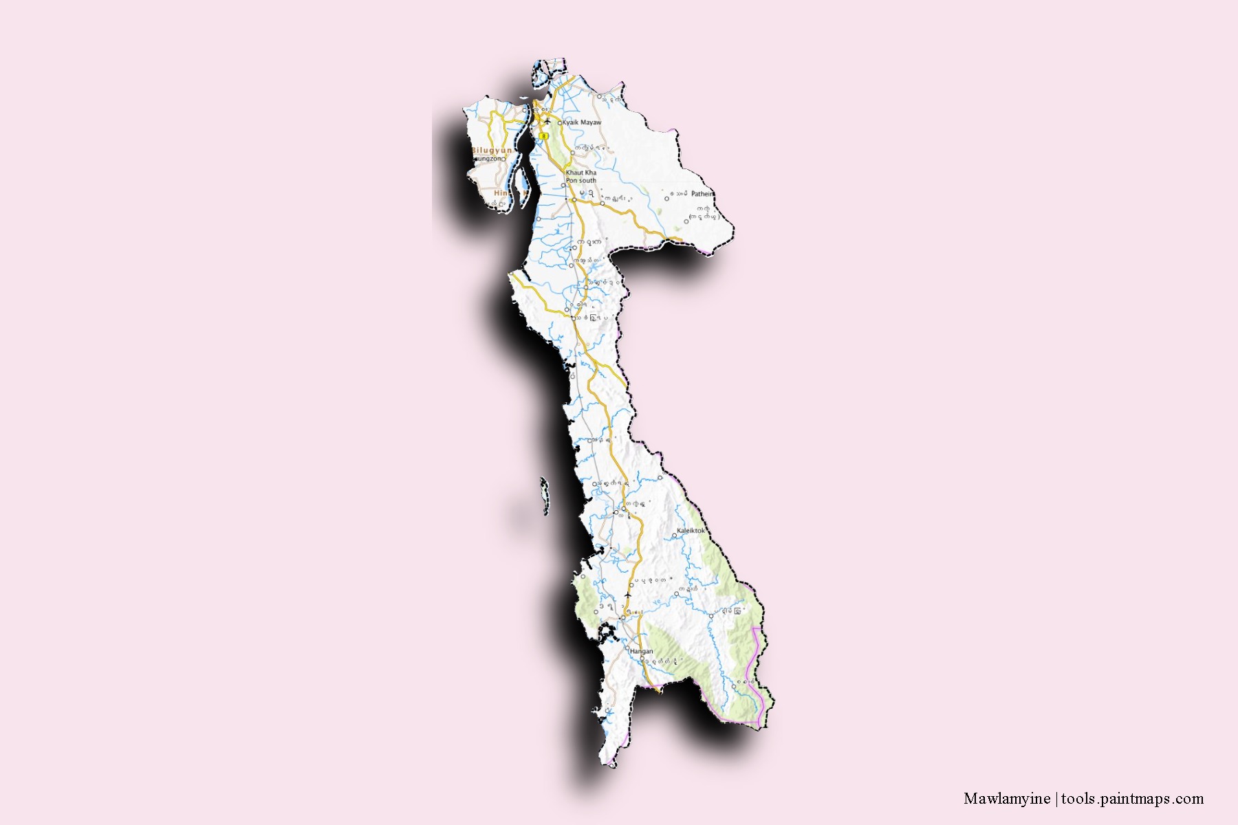 Mapa de barrios y pueblos de Mawlamyine con efecto de sombra 3D