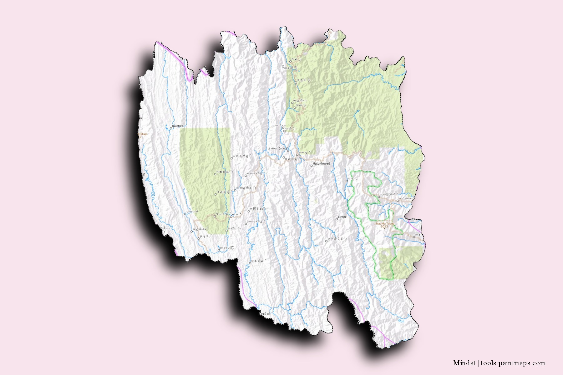 Mapa de barrios y pueblos de Mindat con efecto de sombra 3D