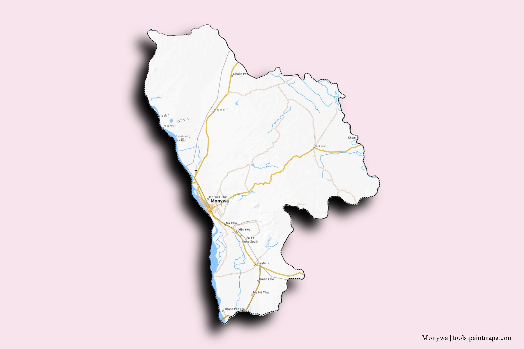 Mapa de barrios y pueblos de Monywa con efecto de sombra 3D