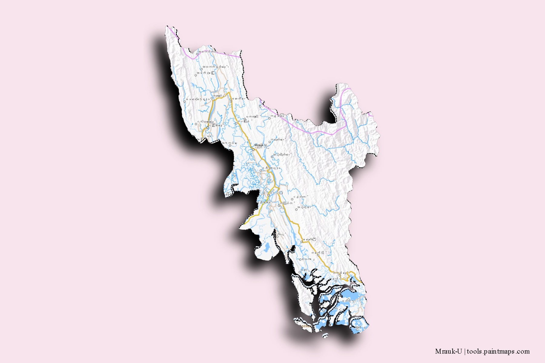 Mapa de barrios y pueblos de Mrauk-U con efecto de sombra 3D