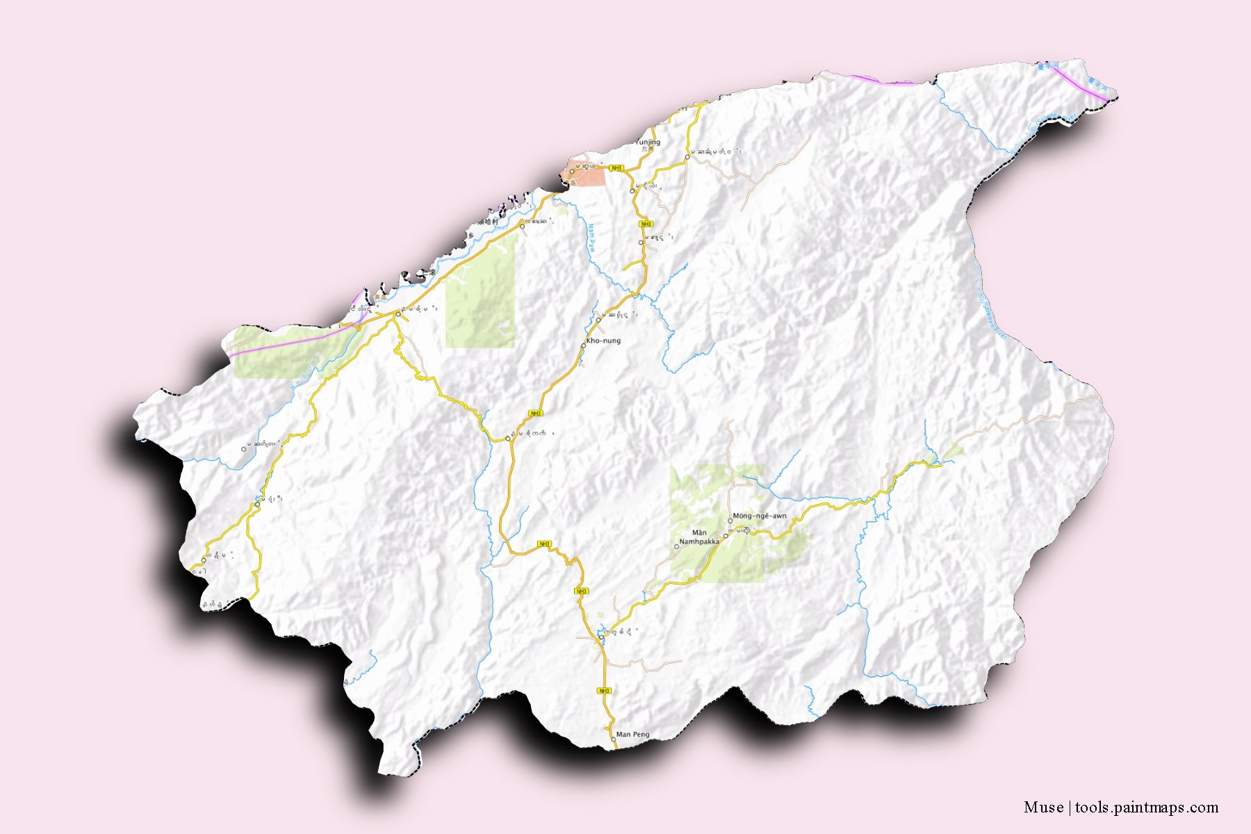 Mapa de barrios y pueblos de Muse con efecto de sombra 3D