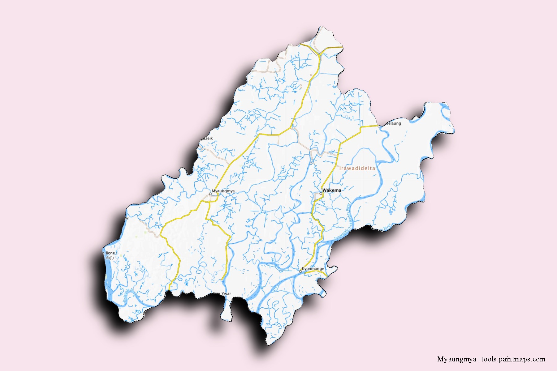 Mapa de barrios y pueblos de Myaungmya con efecto de sombra 3D