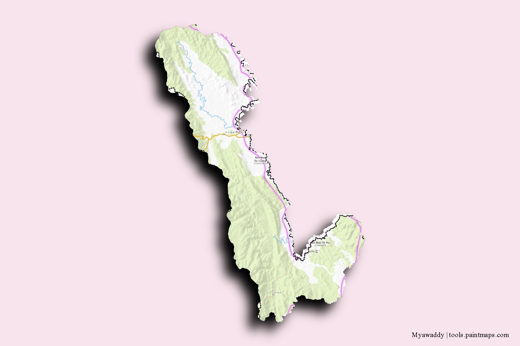 3D gölge efektli Myawaddy mahalleleri ve köyleri haritası
