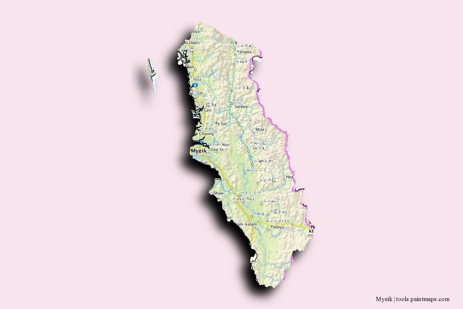 Mapa de barrios y pueblos de Myeik con efecto de sombra 3D