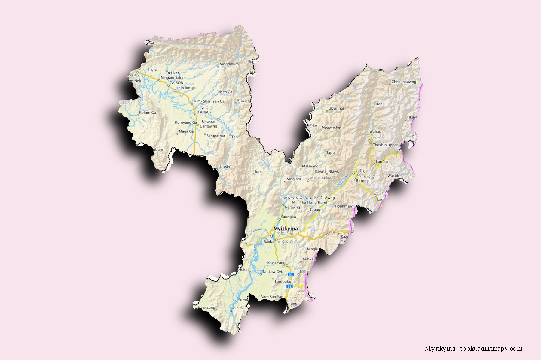 Mapa de barrios y pueblos de Myitkyina con efecto de sombra 3D