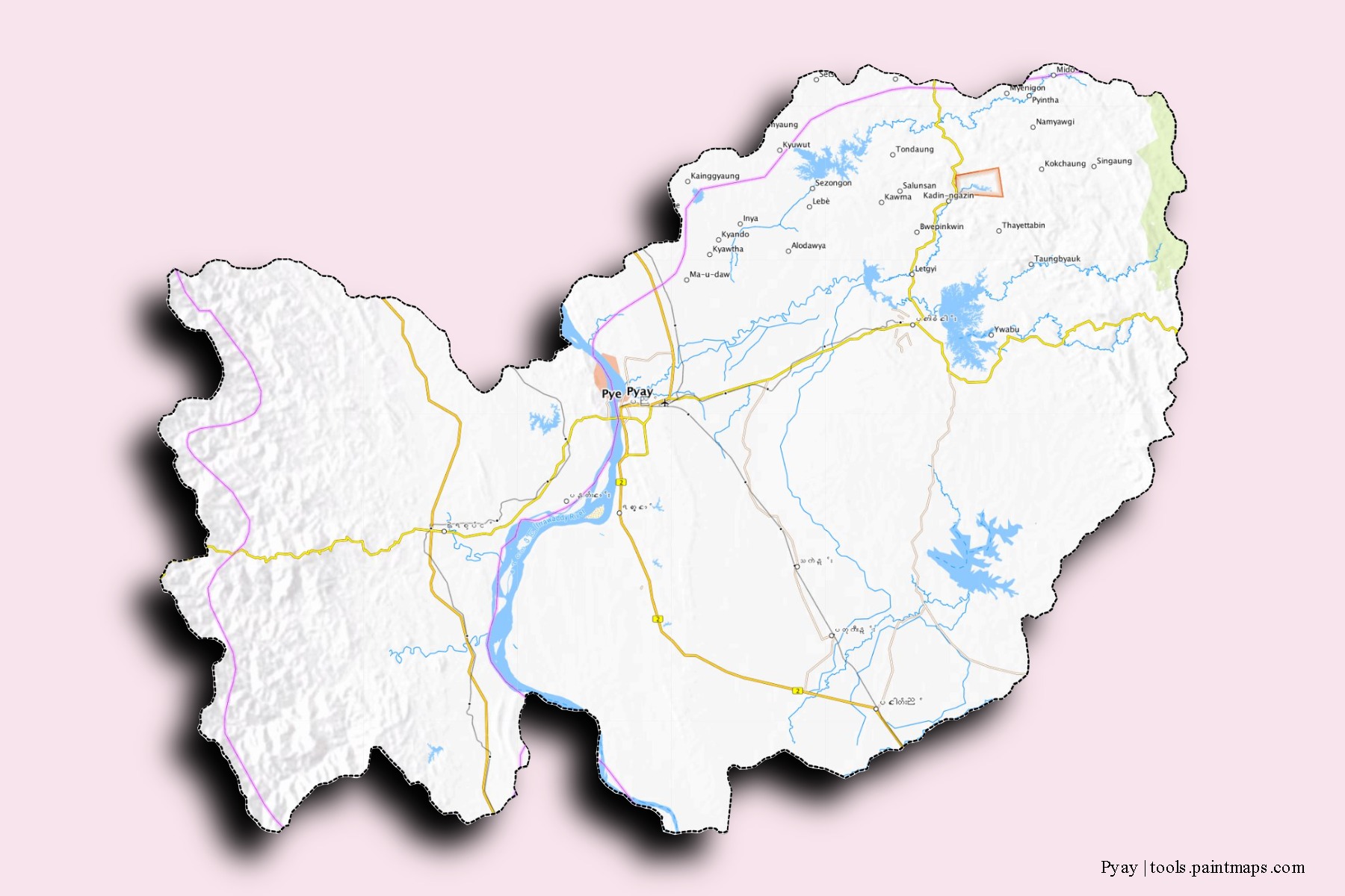 Mapa de barrios y pueblos de Pyay con efecto de sombra 3D