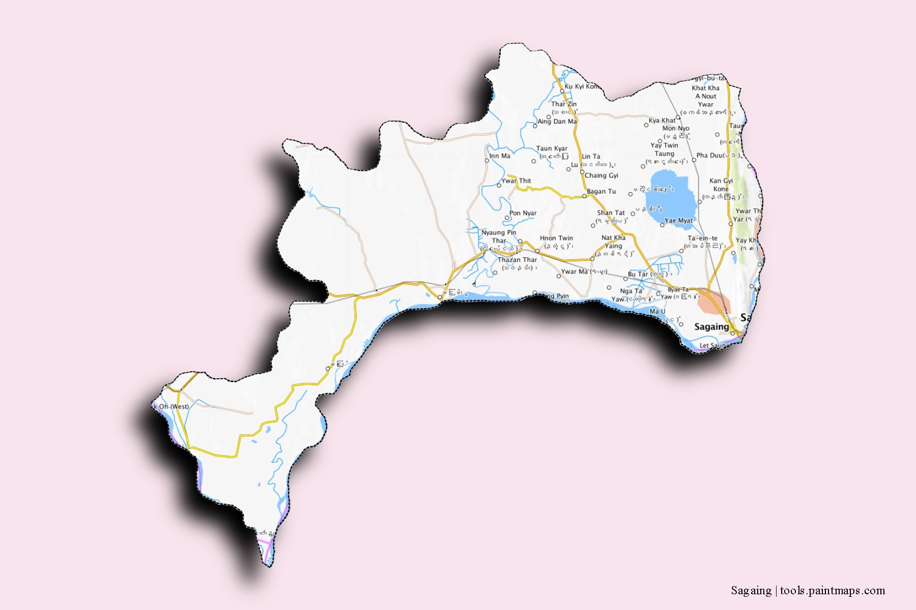 3D gölge efektli Sagaing mahalleleri ve köyleri haritası