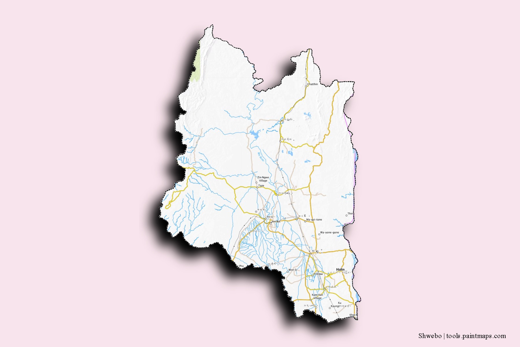 Mapa de barrios y pueblos de Shwebo con efecto de sombra 3D