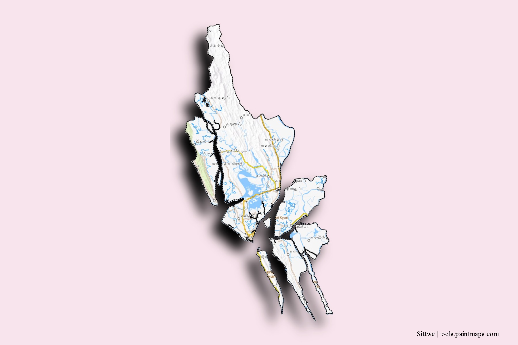 Sittwe neighborhoods and villages map with 3D shadow effect