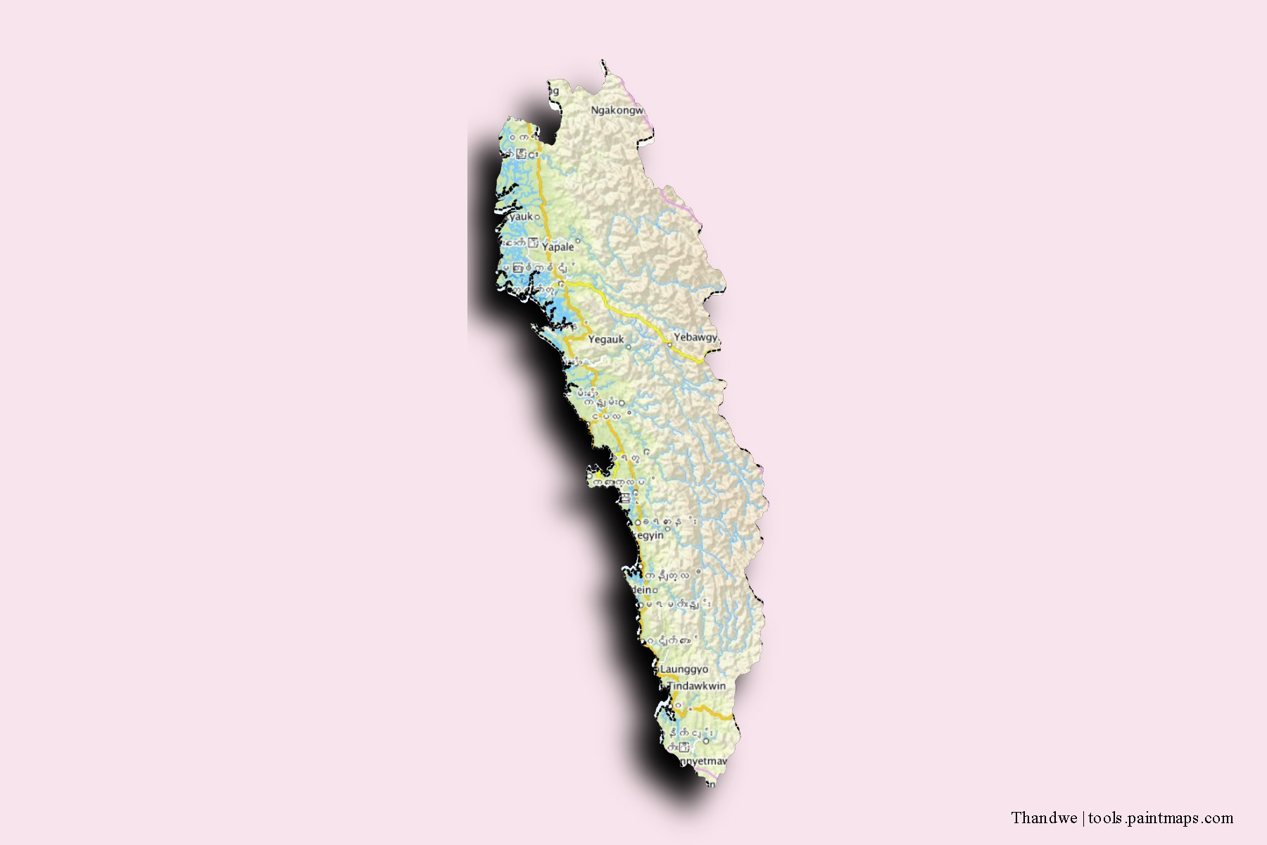 3D gölge efektli Thandwe mahalleleri ve köyleri haritası