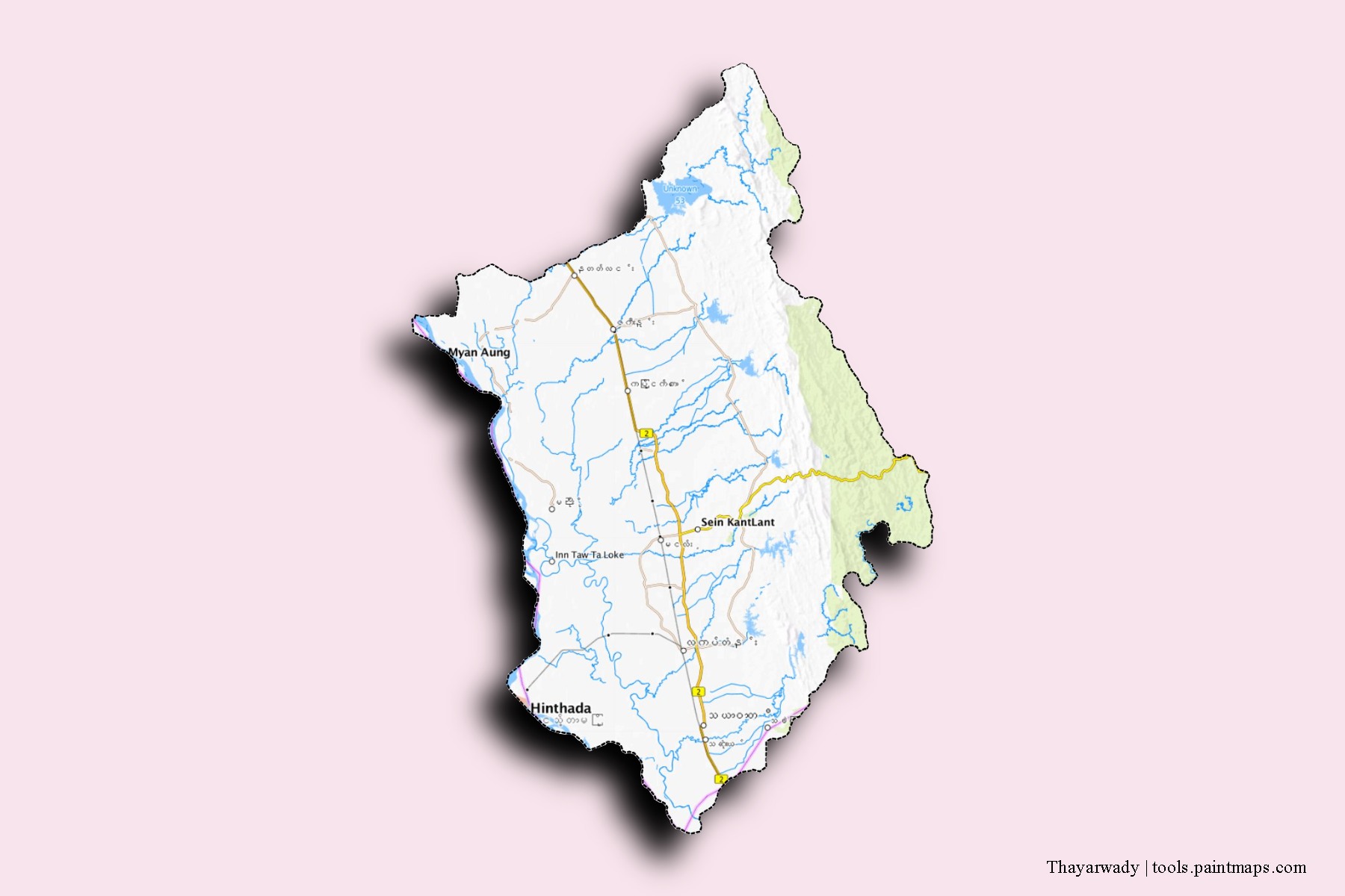 Mapa de barrios y pueblos de Thayarwady con efecto de sombra 3D