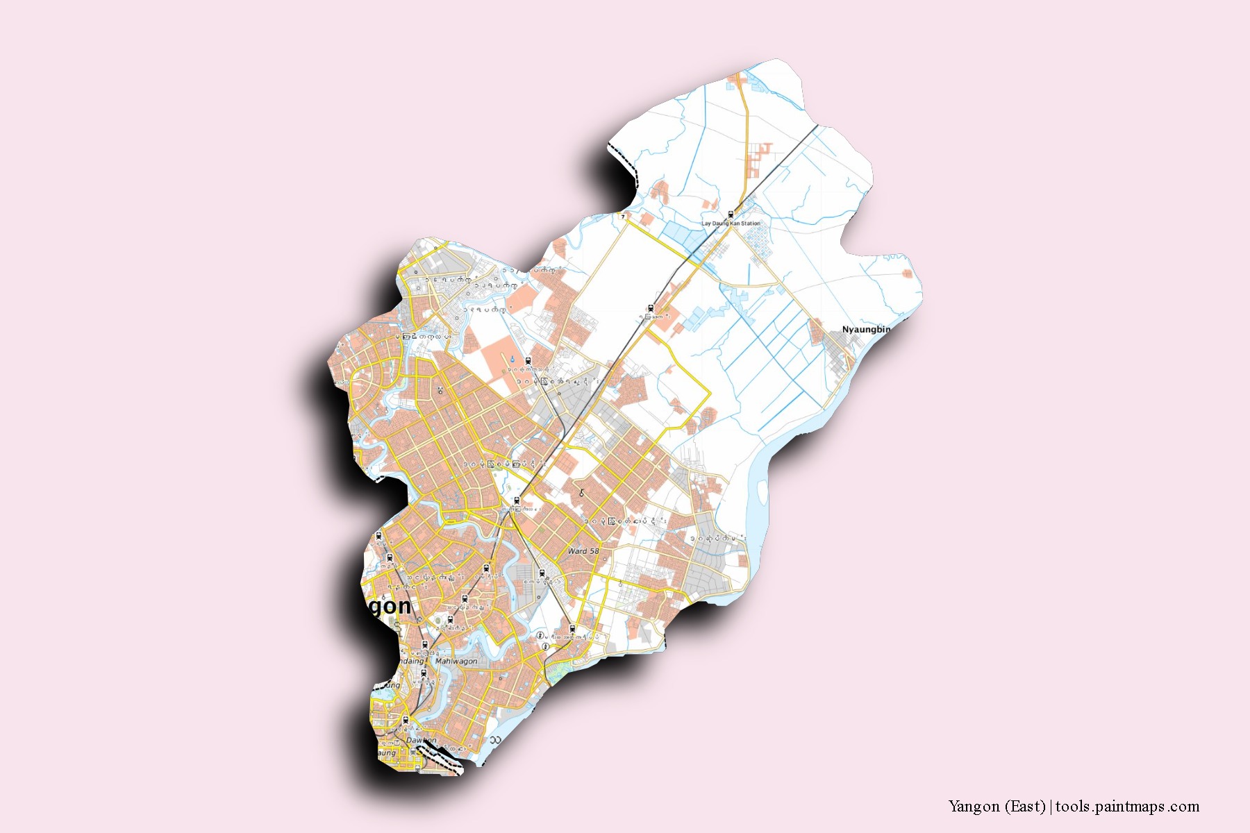 Yangon East neighborhoods and villages map with 3D shadow effect