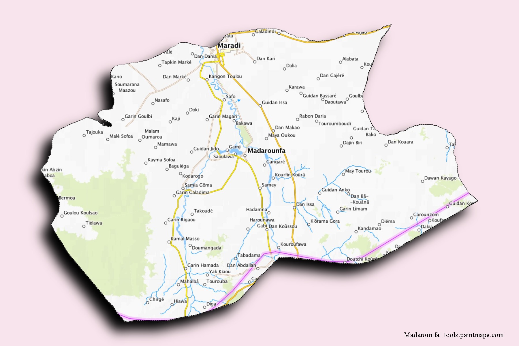 Madarounfa neighborhoods and villages map with 3D shadow effect