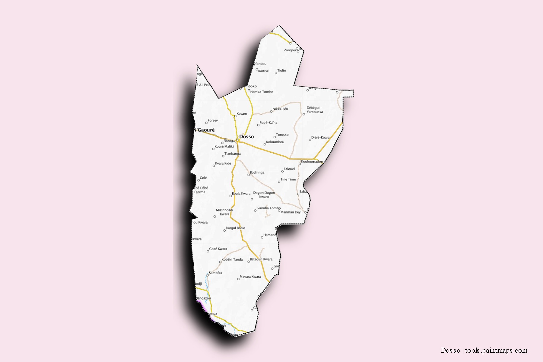 Mapa de barrios y pueblos de Dosso con efecto de sombra 3D